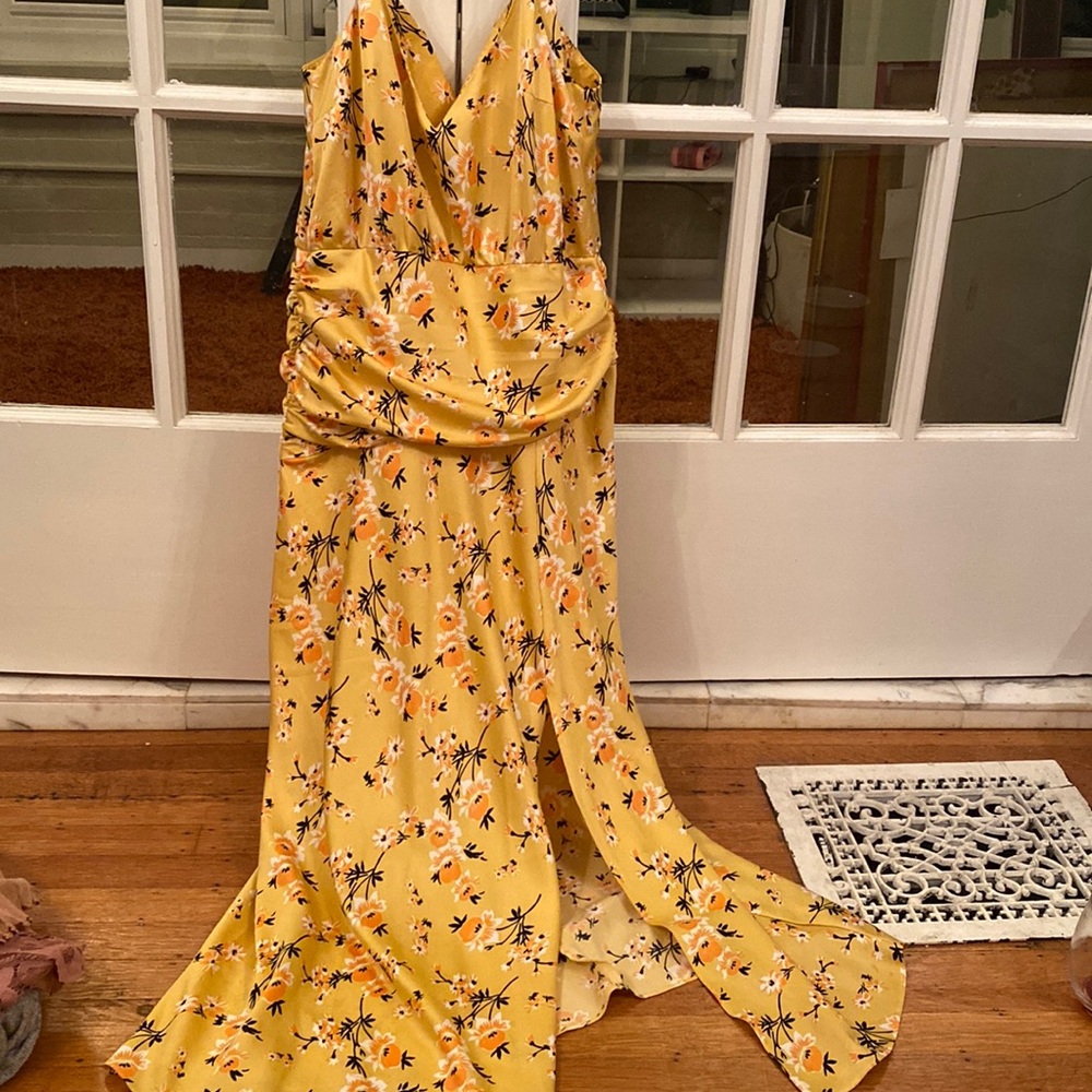 ASOS original design. dress gold with flowers & a slip up the side of the dress